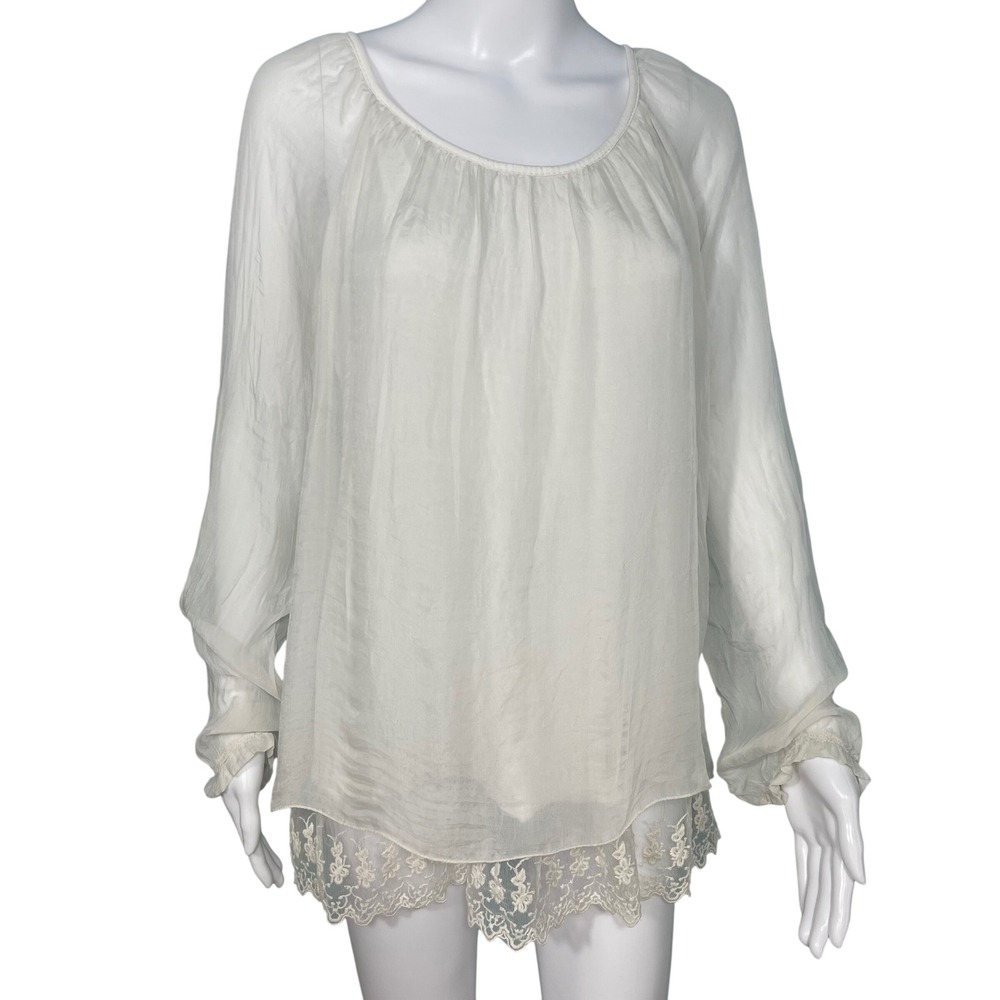 Small Amanti Made In Italy Silk Blend Lace Trim Cream Tunic Top Coastal Cowgirl
